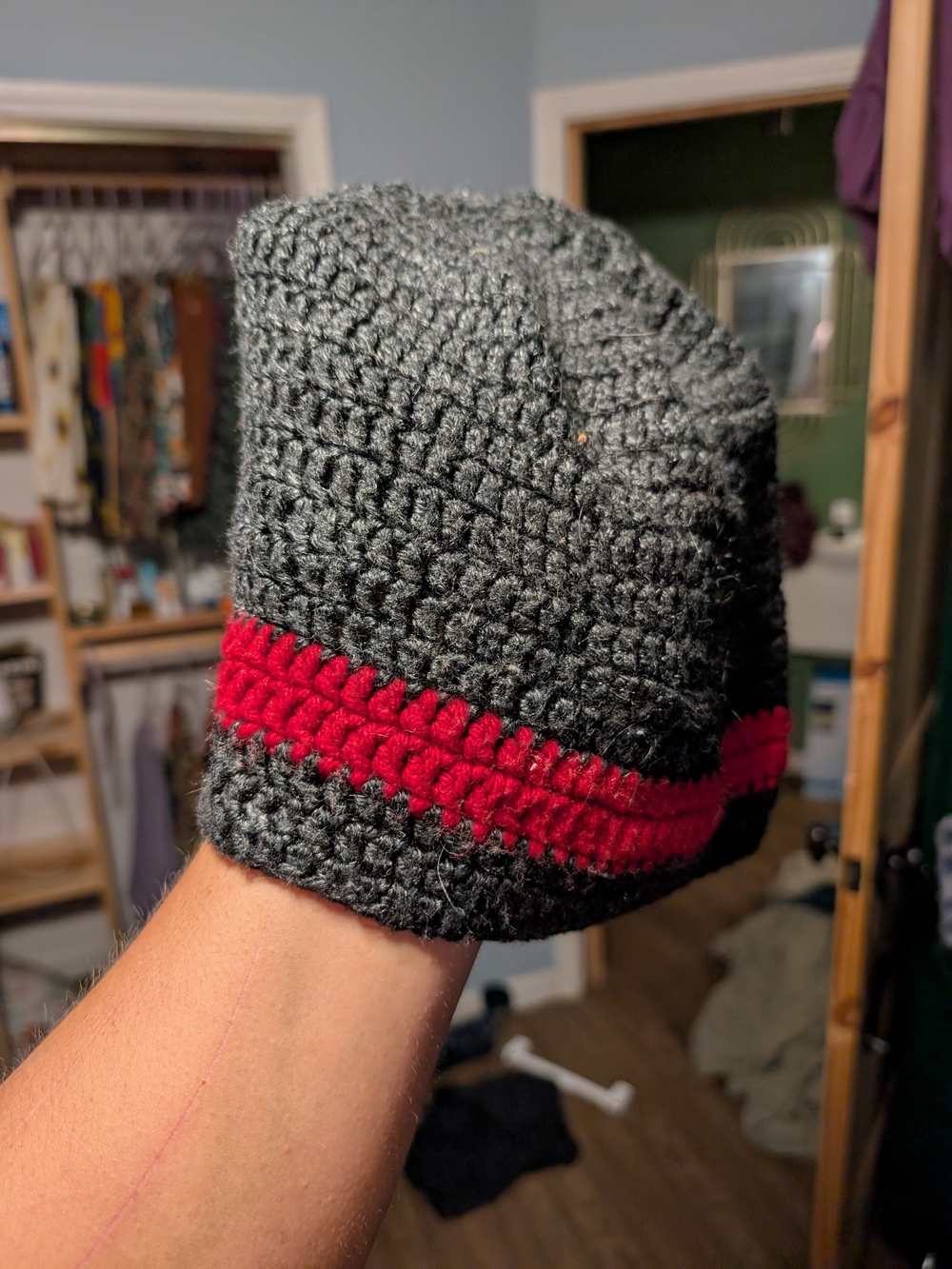 Gray & Red Knit Beanie Hat for Men